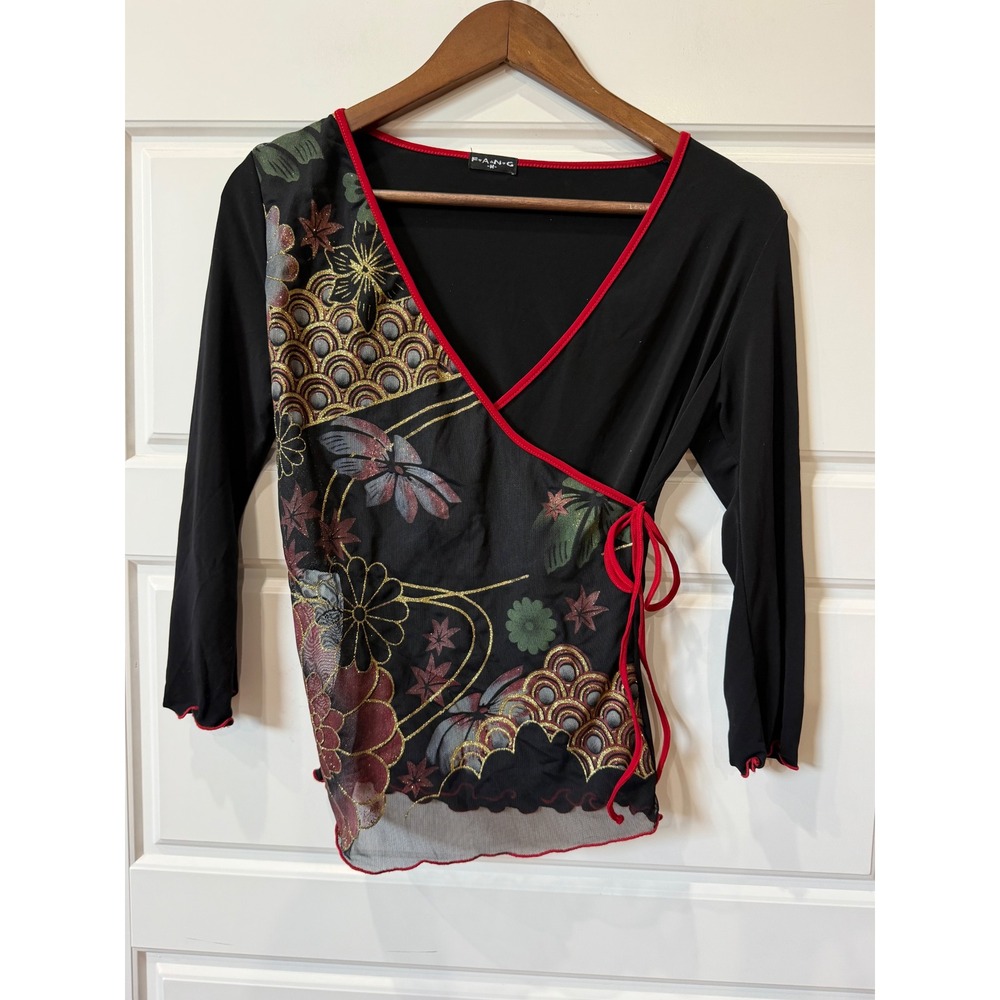 Fang Black Faux Wrap Top Floral Mesh Overlay Size M Y2K Fairycore Whimsigoth
